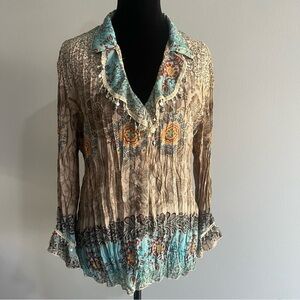 Dress Barn Beigh Tan V-Neck Collar Crinkle Beaded Lace Women's Shirt Top Blouse